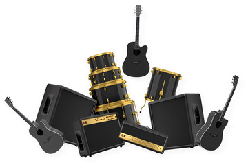 Fototapeta premium Set of electric acoustic guitars and drums with cymbals on white background
