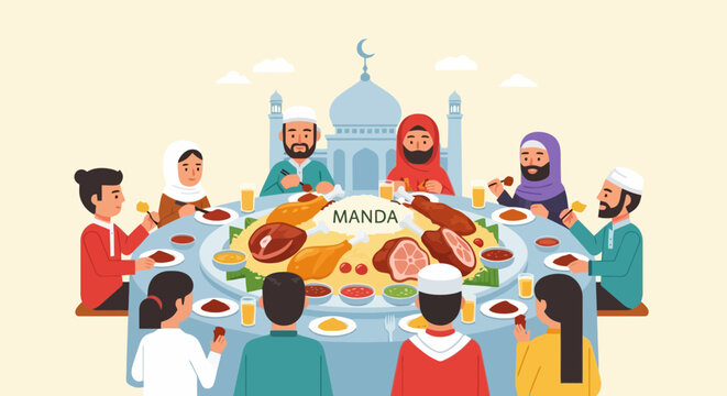 Illustration of Middle Eastern family gathering for traditional iftar meal with Manda dish during Ramadan in cartoon style
