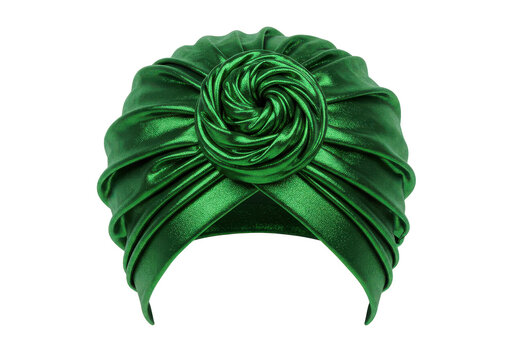 Emerald green metallic turban with rosette detail, front view isolated white background