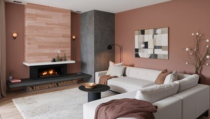 Obraz premium Stylish living space with fireplace and modern furniture highlighting interior design trends comfort and elegant home decor