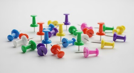 Fototapeta premium Colorful push pins on white background. Macro photo of assorted color thumbtacks.