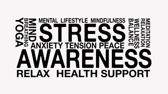 Stress awareness concept, Text Design Animation seamless loop video motion graphics Intro 4k, Animated Tag Word Cloud kinetic typography Word Art Looping lettering black type on white background backd