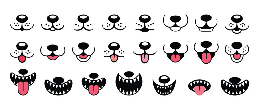 Collection of cartoon dog faces with various expressions isolated on transparent background, vector illustration
