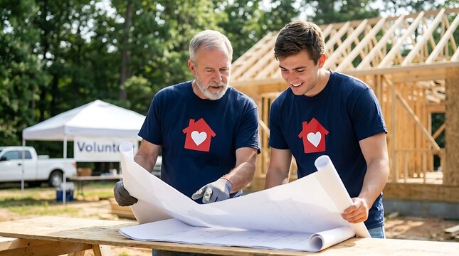 Caucasian construction workers in white logo t-shirts analyzing floor plans for a residential building project at a humanitarian volunteer site