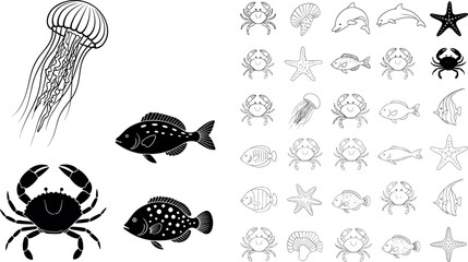 Marine animals illustration set with jellyfish fish crab starfish dolphin silhouettes and outline sea life vector collection © Rumi