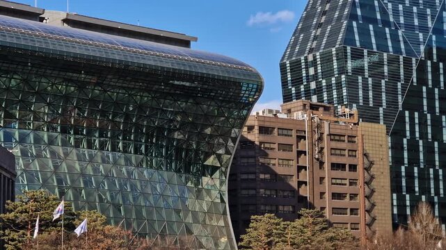 Seoul City Hall, South Korea, New Glass Building and Downtown Neighborhood Towers