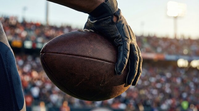 Close-up of a gloved hand gripping a football during an NFL draft event, with a blurred stadium crowd in the background under bright stadium lights