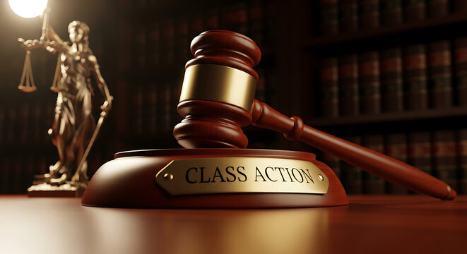 class action lawsuit gavel on a wooden desk accompanied by lady justice and law books in a blurred legal office setting.