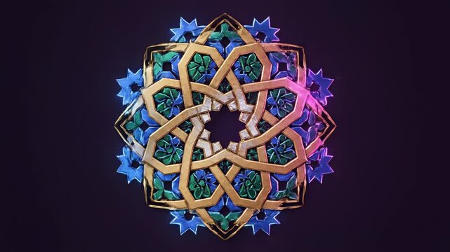 intricate geometric islamic pattern, golden arabesque star mandala, blue and green tiles, intricate details, ornamental design element, cultural motif, seamless loop