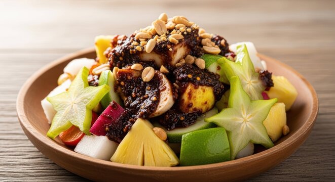 Delicious Rojak: a Malaysian fruit salad with peanuts and dark sauce in wooden bowl.