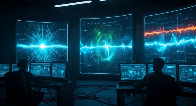 Futuristic Control Room with Large Digital Screens Showing Data Visualizations and Graphs