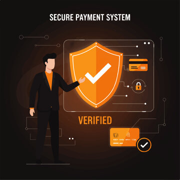 A businessman interacting with a secure payment system interface featuring a verified shield