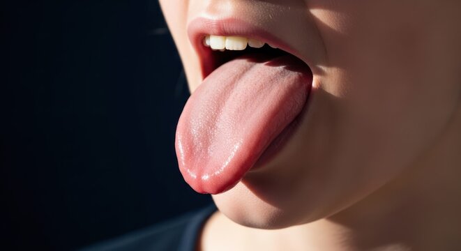 Close-up of mouth and tongue, representing human anatomy, health and tasting food, showcasing part of the face of a person with open mouth