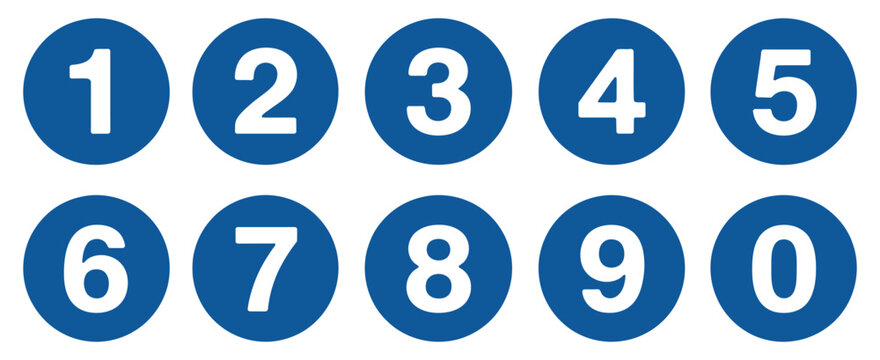 Numbers button circles blue set, round 1 to 10 number icons, numeric keypad style