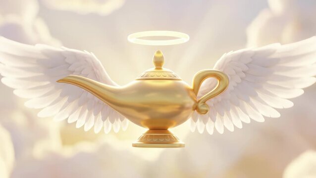 Golden Genie Lamp with Angel Wings and Halo Floating in Clouds.