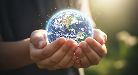 Fototapeta premium Child's Hands Gently Holding the Earth with Glowing Light and Bokeh planet