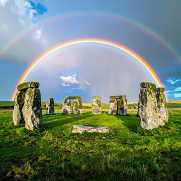 Stonehenge Ancient Monument with Vibrant Rainbow Over Lush Green Landscape.