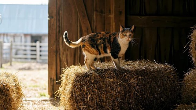 Calico Cat Jumps Between Hay Bales in Sunlit Barn.