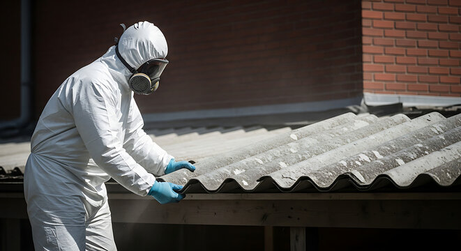 asbestos removal professional in protective suit handling hazardous asbestos sheets on an old roof emphasizing health safety.