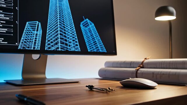 Architectural model on wooden desk next to pen and blueprints, computer screen displays building plans