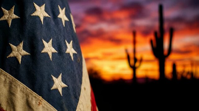 American Flag Waving in Desert Sunset with Saguaro Cactus Silhouettes.