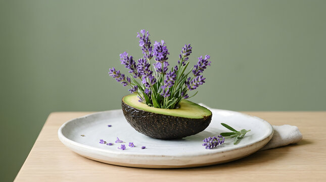 Nourishing Fresh Avocado Half Filled With Fragrant Purple Lavender Sprigs Displays Aromatic Beauty And Natural Wellness On A Textured Plate With Green Wall Backdrop Creating A Visually Appealing