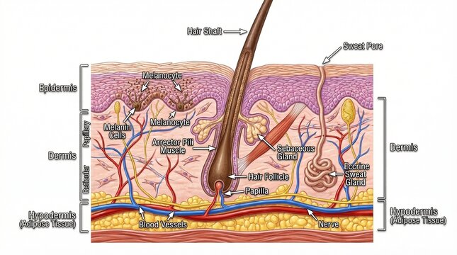 A detailed illustration of the human skin structure and hair follicle
