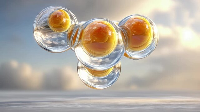 Abstract 3d render glass sphere golden orb floating bubble with orbital harmony, transparent reflection, futuristic science concept background