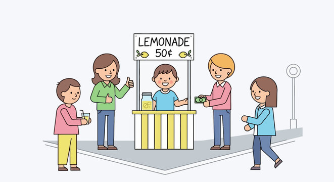 Boy selling lemonade at outdoor stand to customers in cartoon vector illustration of small business entrepreneurship and street commerce