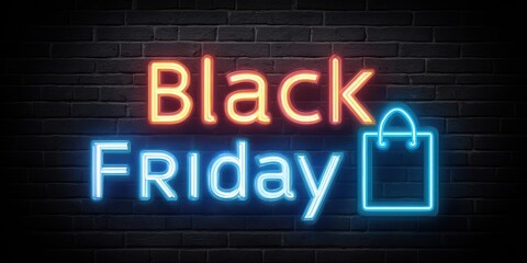 Fototapeta premium Black Friday Neon Sign Shopping Bag Brick Wall Dark Lighting