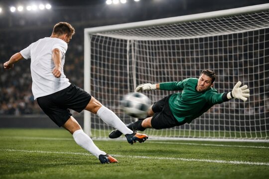 Penalty Kick Drama. Keeper Dives As Striker Scores. Final Moments Unfold With Intense Stadium Atmosphere