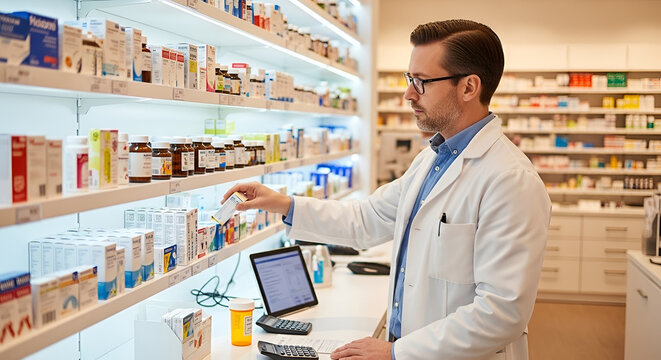 Pharmacist reviewing medication information on tablet device in pharmacy setting with shelves of products