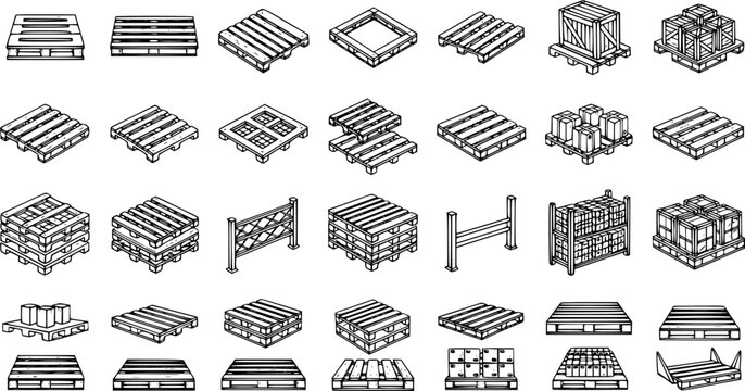 Detailed set of pallet and warehousing icons in black and white line art, showcasing various logistic and storage objects like stacked crates, boxes, and empty pallets.