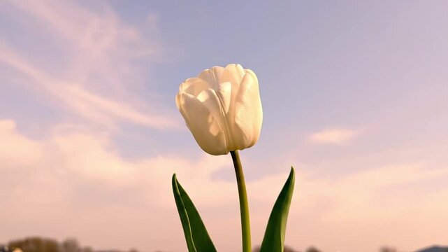 Minimal tulip on soft sky background, lots of negative space, clean aesthetic