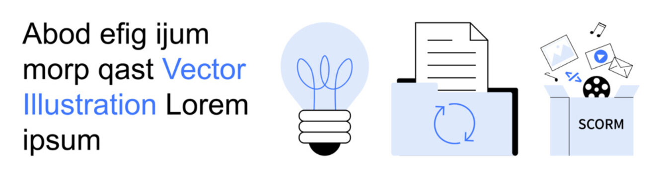 Digital learning, education, content sharing, innovation, online knowledge, technology integration. Light bulb, document with arrows and SCORM box elements. Digital learning and education concepts