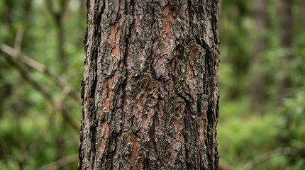 Fototapeta premium Close-up of rough, textured pine tree bark in a forest with soft green bokeh background