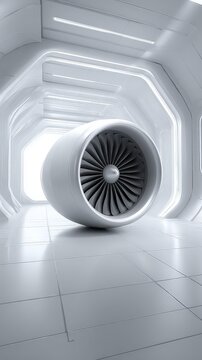 Futuristic jet engine in a sleek corridor. industrial energy efficiency green factory renewable energy sustainable industry clean technology carbon reduction
