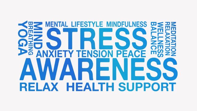 Stress awareness concept, Text Design Animation seamless loop video motion graphics Intro 4k, Animated Tag Word Cloud kinetic typography Word Art Looping lettering blue type on white background backdr