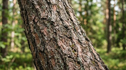 Fototapeta premium Close-up of rough pine tree bark texture in a sunlit forest, natural background