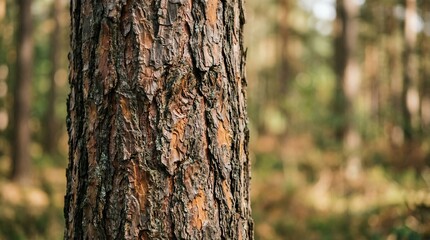 Fototapeta premium Close-up of rough, textured pine tree bark in a sunlit forest, with a blurred green background.