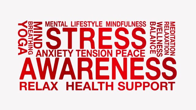 Stress awareness concept, Text Design Animation seamless loop video motion graphics Intro 4k, Animated Tag Word Cloud kinetic typography Word Art Looping lettering red type on white background backdro