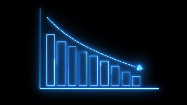Blue neon downward bar graph animation with negative growth trend representing financial decrease, analytics performance drop and business risk visualization