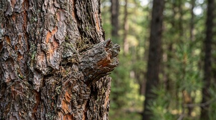 Fototapeta premium Close-up of a weathered pine tree trunk with a broken branch stub and moss in a forest