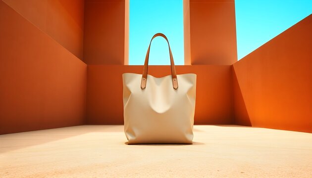 A beige handbag stands alone in an orange room with a window.