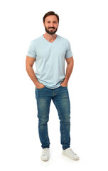 Fototapeta premium Smiling man standing casual, relaxed lifestyle portrait, isolated on white background