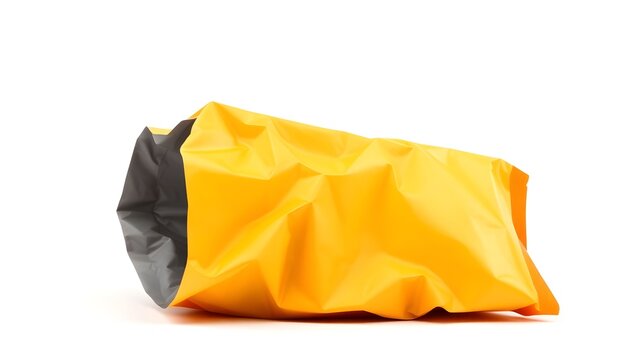 A crumpled yellow and black bag lies on a white surface in a studio.