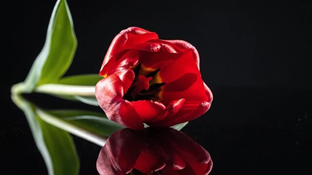 Single tulip with soft reflection on glossy surface dark background minimal copy space