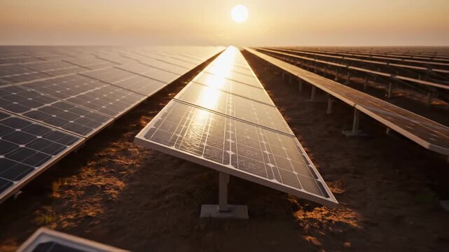 Close up of solar panels reflecting the warm sunset sun, renewable energy farm in a wide landscape, sustainable power generation, alternative electricity source, future technology and environment