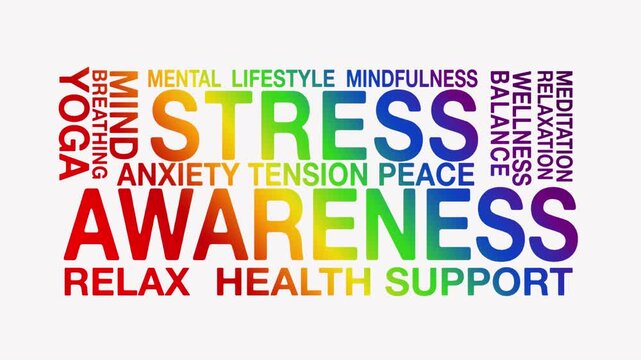 Stress awareness concept, Text Design Animation seamless loop video motion graphics Intro 4k, Animated Tag Word Cloud kinetic typography Word Art Looping lettering rainbow type on white background bac