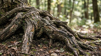 Fototapeta premium Ancient tree roots exposed in a forest, showing texture and age